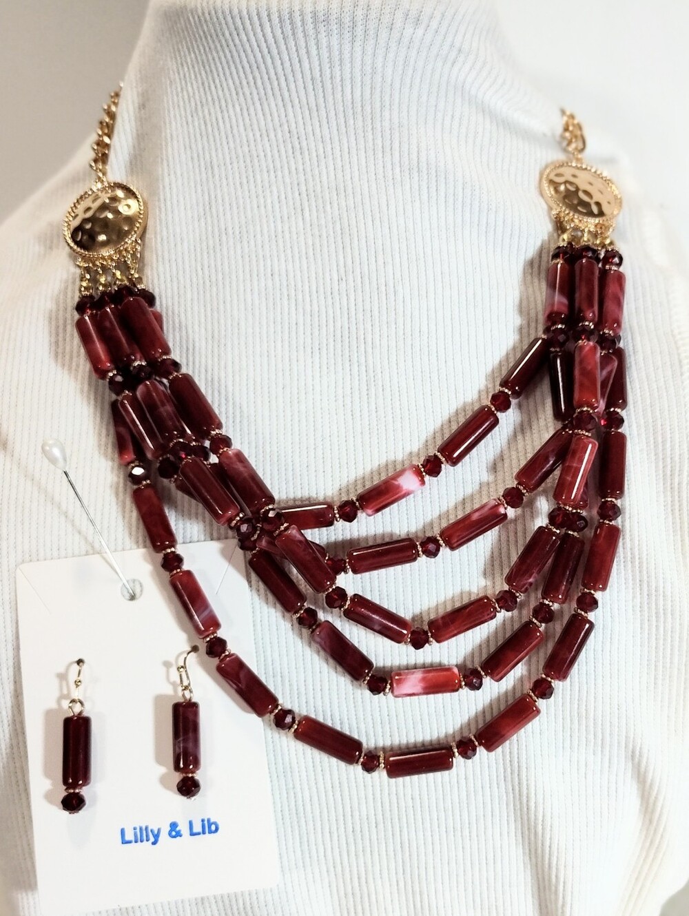 Burgundy Red Multi-Strand Beaded Necklace Earring Set Nickel Free